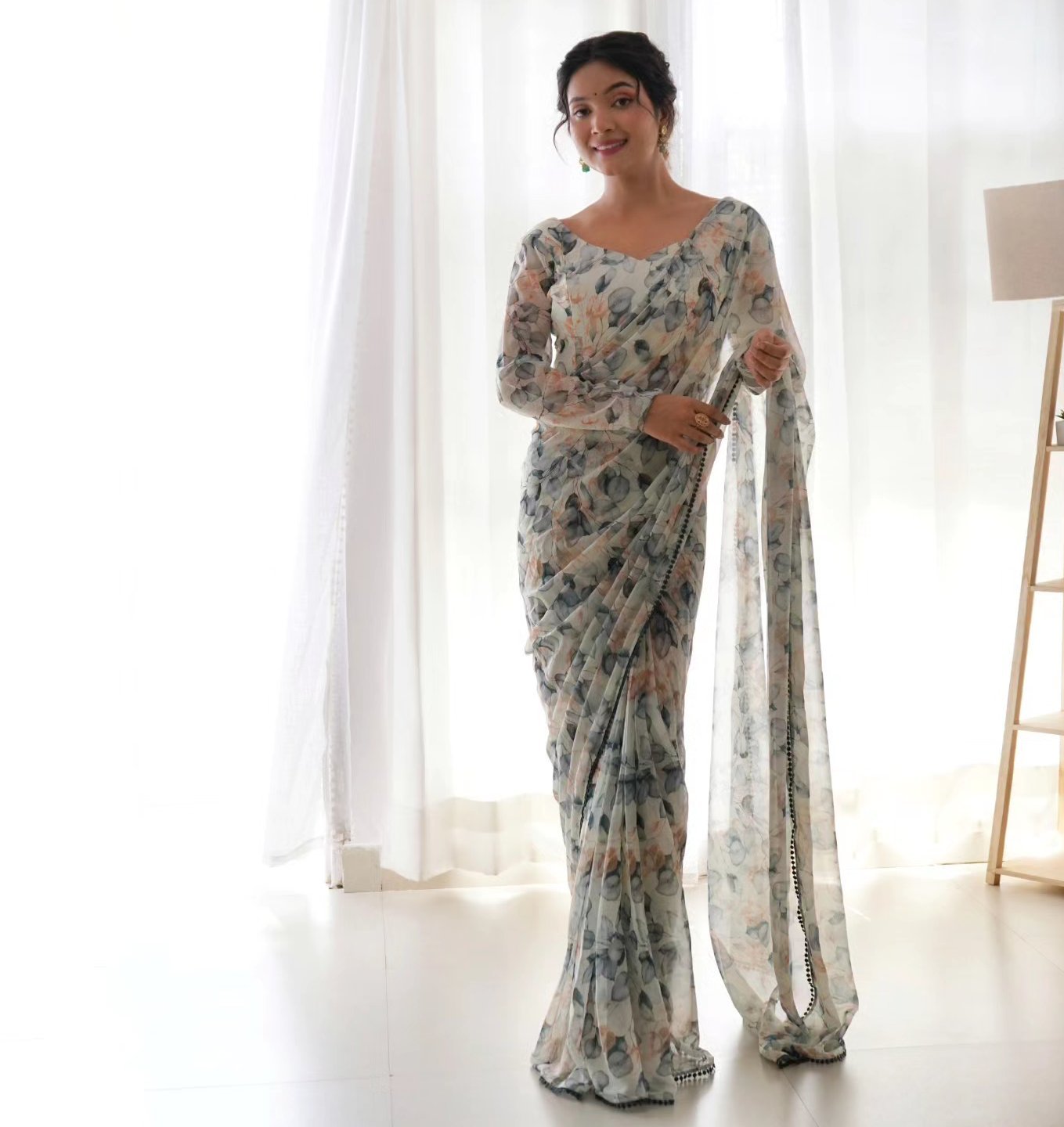 READY TO WEAR PREDRAPPED REAY TO WEAR SAREE WITH FULL STTICHED BLOUSE LIGHTWEIGHT CHIFFON FABRIC*