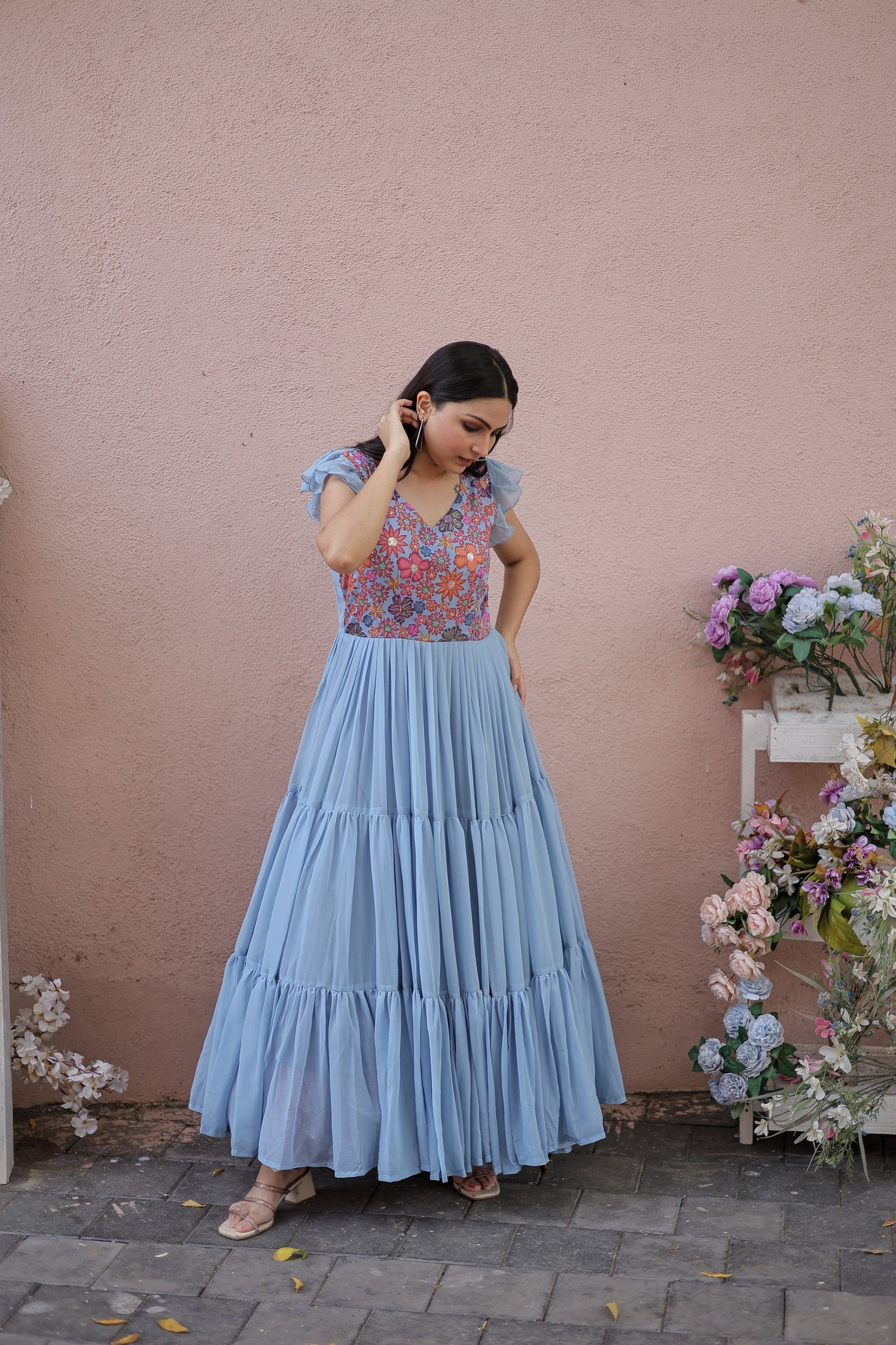 Gown Faux Georgette with Rich Floral Position Print Work